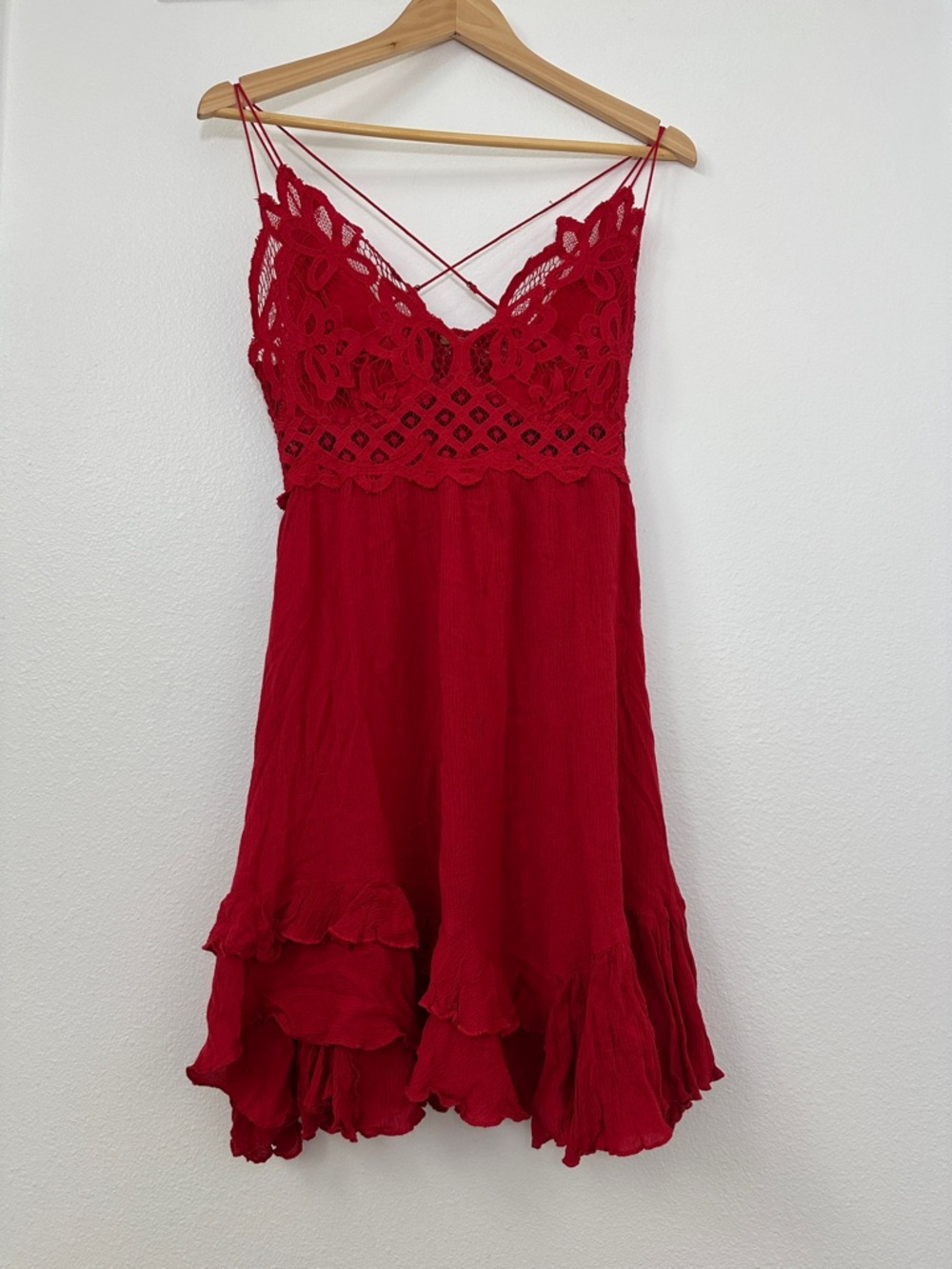 FP One Adella Slip Red Lace Bodice Mini Dress Boho Ruffle Hem Large Free People